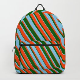 [ Thumbnail: Dark Green, Sky Blue, and Red Colored Striped Pattern Backpack ]