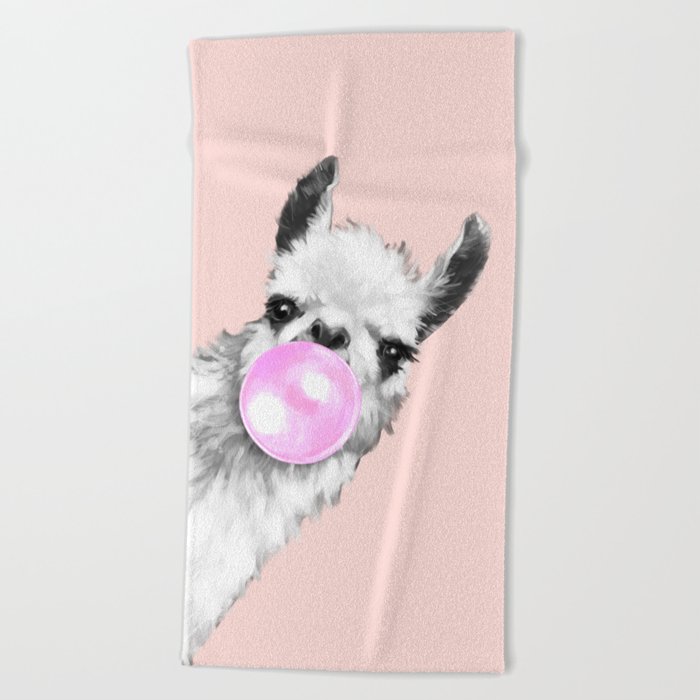 Bubble Gum Black and White Sneaky Llama in Pink Beach Towel