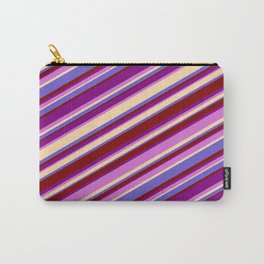 [ Thumbnail: Eyecatching Purple, Orchid, Tan, Slate Blue & Maroon Colored Lined Pattern Carry-All Pouch ]