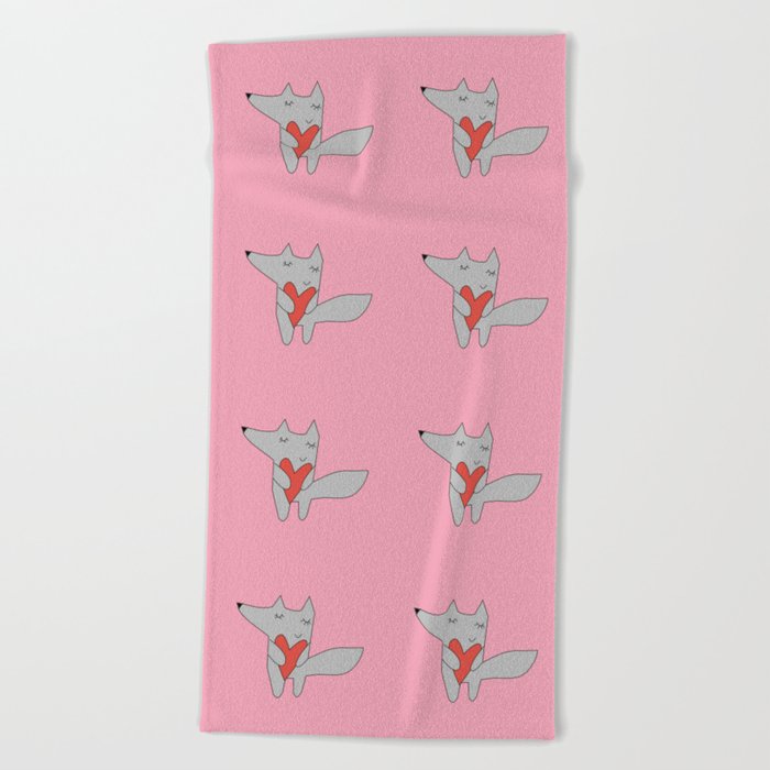Fox in love pink Beach Towel