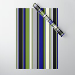 [ Thumbnail: Green, Dark Gray, Blue, Beige, and Black Colored Lined Pattern Wrapping Paper ]