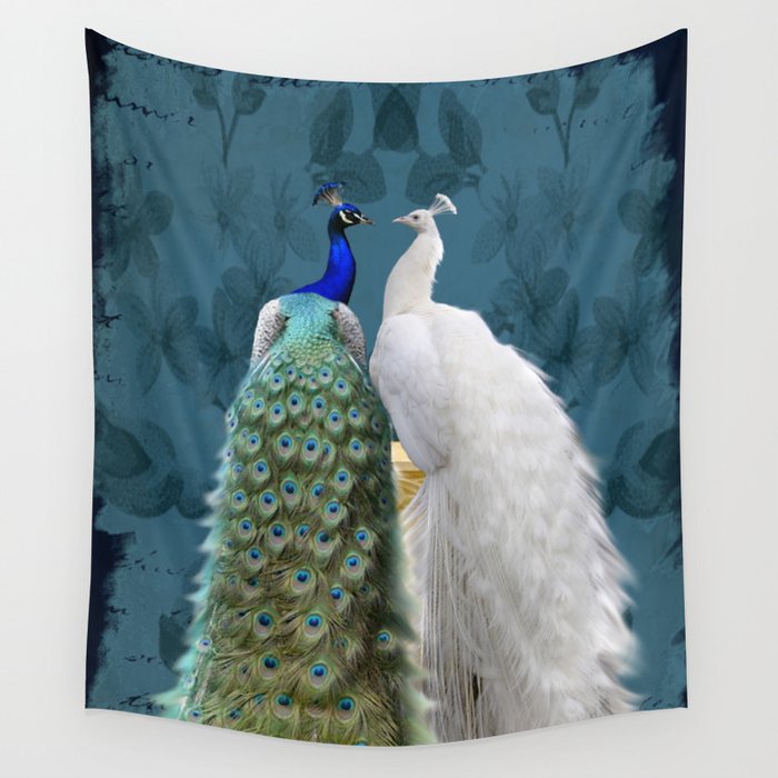 White Peacock And Blue Peacock Bird A732 Wall Tapestry By