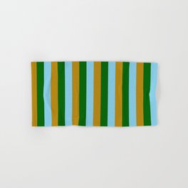 [ Thumbnail: Sky Blue, Dark Goldenrod, and Dark Green Colored Lines/Stripes Pattern Hand & Bath Towel ]