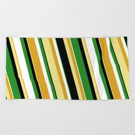 [ Thumbnail: Colorful Goldenrod, Tan, Black, Forest Green & White Colored Stripes Pattern Beach Towel ]