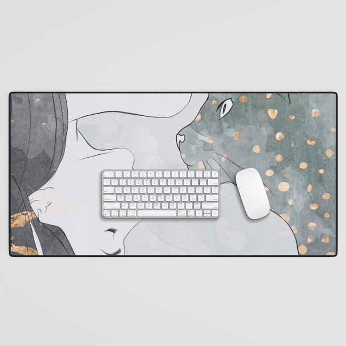 Woman Cat Kitten Drawing Pet Girl Art Dreamy Grey Gold Splatter Desk Mat