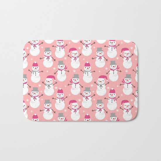 Snowman pattern illustration by charlotte winter snowflakes mittens scarves Bath Mat