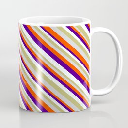 [ Thumbnail: Eye-catching Dark Khaki, Light Gray, Red, Indigo, and Mint Cream Colored Striped Pattern Coffee Mug ]