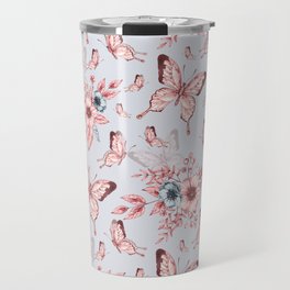 Monochrome anemone flowers and butterflies - floral print Travel Mug