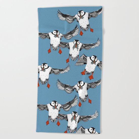 Atlantic Puffins blue Beach Towel