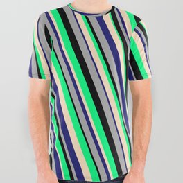 [ Thumbnail: Eyecatching Green, Bisque, Midnight Blue, Dark Grey, and Black Colored Lines/Stripes Pattern All Over Graphic Tee ]