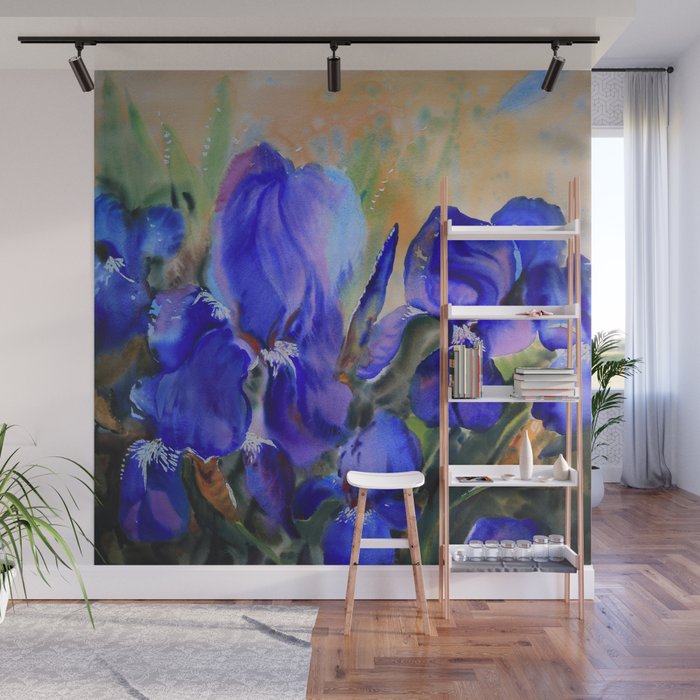 Blue Watercolor Flowers Wall Mural