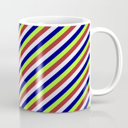 [ Thumbnail: Light Green, Brown, Lavender & Blue Colored Stripes/Lines Pattern Coffee Mug ]
