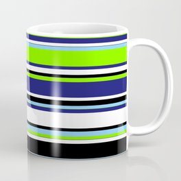 [ Thumbnail: Colorful Light Sky Blue, Chartreuse, Midnight Blue, White & Black Colored Striped/Lined Pattern Coffee Mug ]