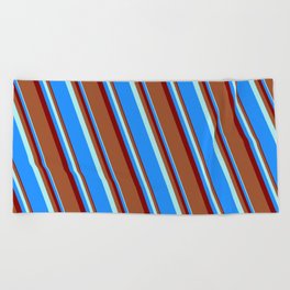 [ Thumbnail: Turquoise, Blue, Maroon, and Sienna Colored Lines Pattern Beach Towel ]