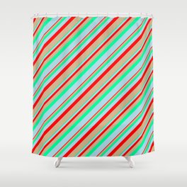 [ Thumbnail: Red, Tan, Green, and Light Blue Colored Lines Pattern Shower Curtain ]