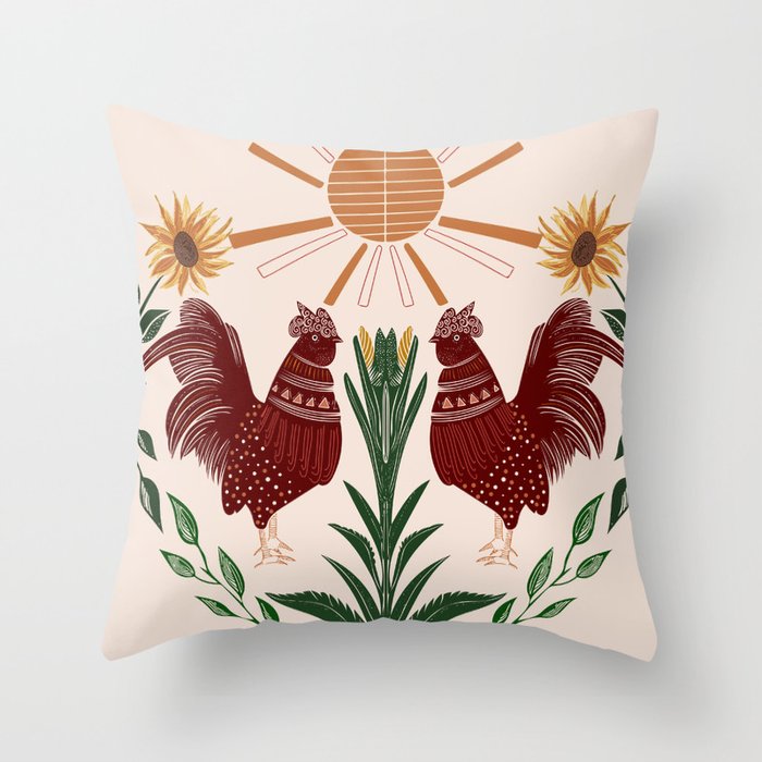 Folk art rooster  Throw Pillow
