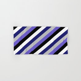 [ Thumbnail: Eyecatching White, Midnight Blue, Grey, Slate Blue, and Black Colored Lined/Striped Pattern Hand & Bath Towel ]