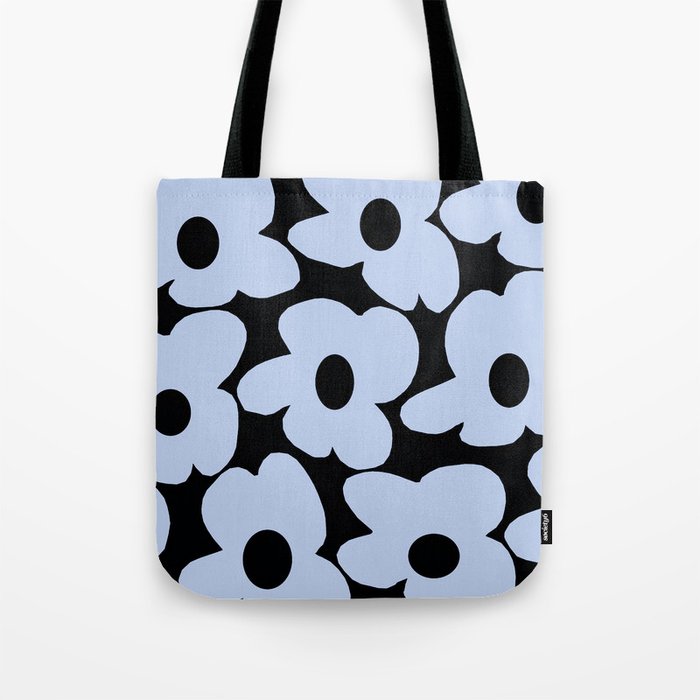 Baby Blue Retro Flowers on Black Background #decor #society6 #buyart Tote Bag