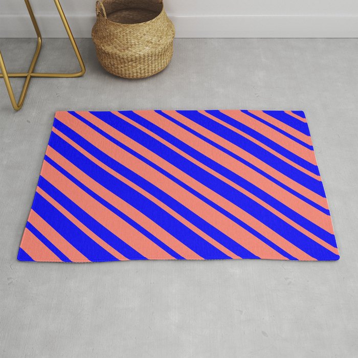 Blue & Salmon Colored Lined Pattern Rug