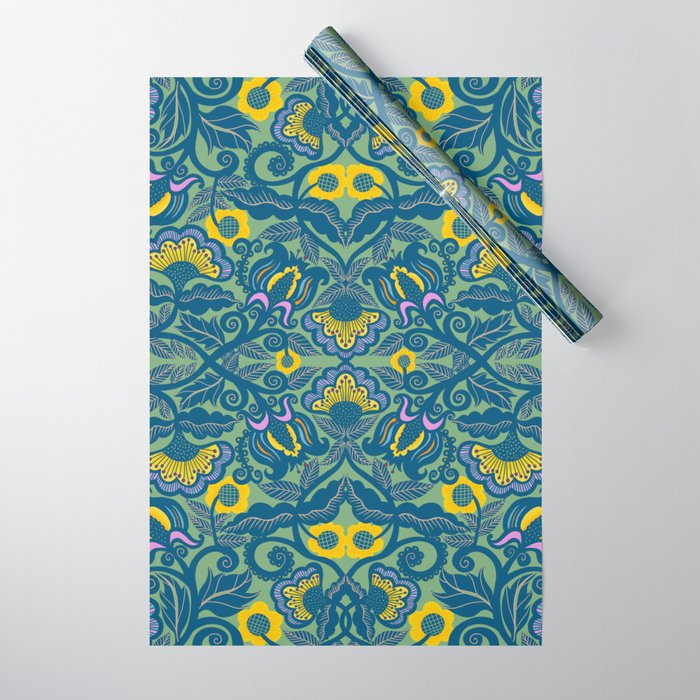 Blue Vines and Flowers Pattern Wrapping Paper