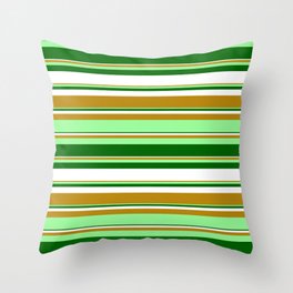 [ Thumbnail: Dark Goldenrod, Green, Dark Green, and White Colored Stripes Pattern Throw Pillow ]