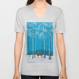 Birch trees with herds of bullfinches and various animals around a winter forest V Neck T Shirt