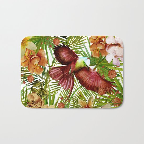 Aloha- Tropical Jungle Bird, Butterfly and Flowers Garden Bath Mat