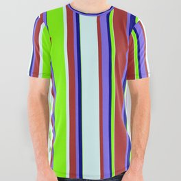 [ Thumbnail: Colorful Brown, Medium Slate Blue, Blue, Chartreuse & Light Cyan Colored Striped/Lined Pattern All Over Graphic Tee ]