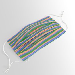 [ Thumbnail: Royal Blue, Forest Green, and Light Salmon Colored Lined/Striped Pattern Face Mask ]