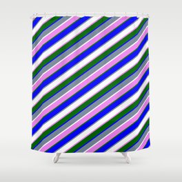 [ Thumbnail: Light Slate Gray, White, Violet, Dark Green & Blue Colored Stripes Pattern Shower Curtain ]