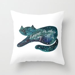 Watercolor galaxy cat – turquoise Throw Pillow