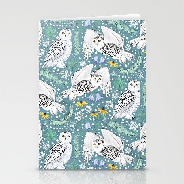 Snowy Owls on a Snowy Day - Teal Background Stationery Cards