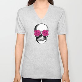 Skull and Roses | Skull and Flowers | Vintage Skull | Yellow and Pink | V Neck T Shirt