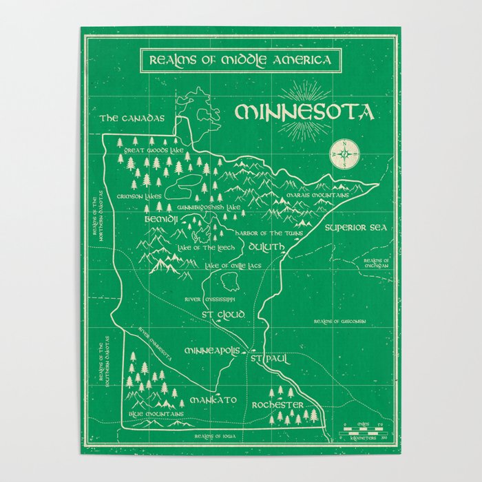 Fantasy Style Map of Minnesota - Green Poster