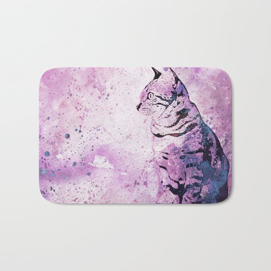 pink Watercolor Cat Art Bath Mat