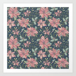 Seamless festive pattern with holly, spruce sprigs and poinsettias Art Print