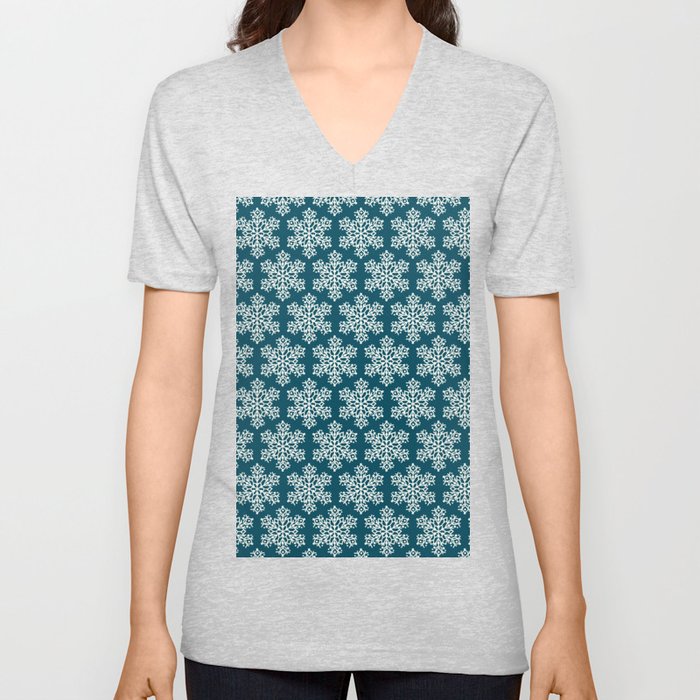 Christmas Pattern Blue Snowflake Floral Retro V Neck T Shirt