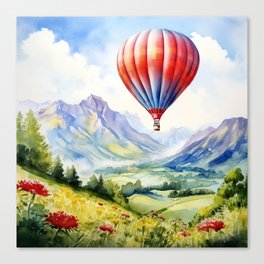 Hot Air Balloon Flying over Mountains - Watercolor Landscape Canvas Print