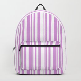 [ Thumbnail: White and Plum Colored Pattern of Stripes Backpack ]
