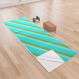 [ Thumbnail: Red, Lime, Powder Blue & Cyan Colored Lined/Striped Pattern Yoga Towel ]