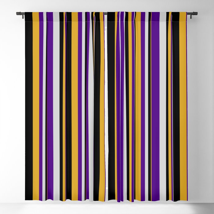 Goldenrod, Black, Light Grey & Indigo Colored Lined/Striped Pattern Blackout Curtain