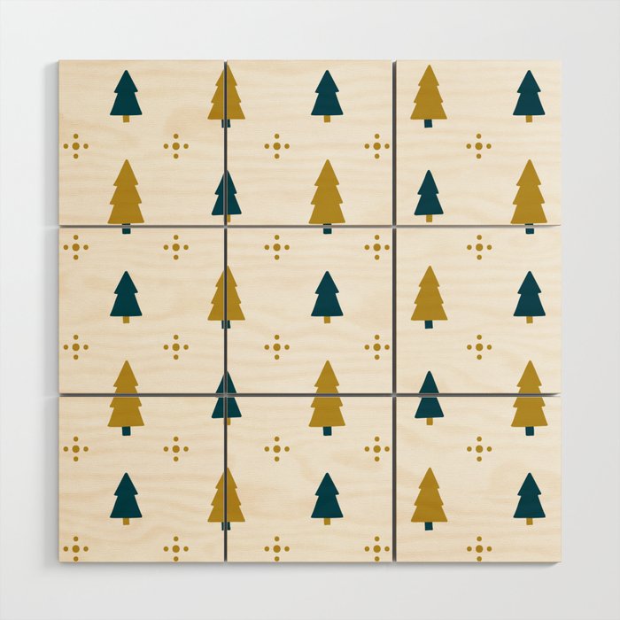 Christmas Pattern Yellow Blue Retro Tree Wood Wall Art