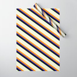 [ Thumbnail: Vibrant Beige, Dark Orange, Blue, Black & Green Colored Stripes Pattern Wrapping Paper ]