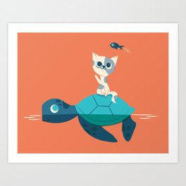 Cat on a Turtle Art Print