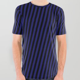 [ Thumbnail: Midnight Blue and Black Colored Pattern of Stripes All Over Graphic Tee ]