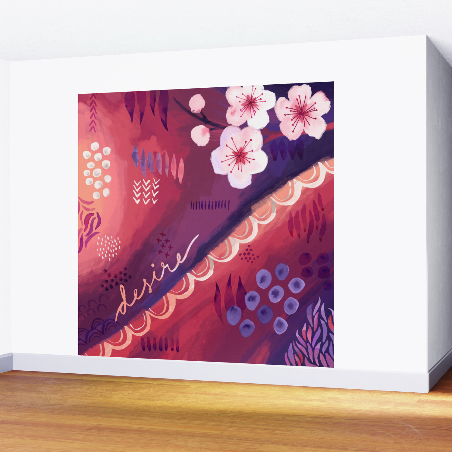 Desire Red And Purple Abstract Art With Cherry Blossom Wall