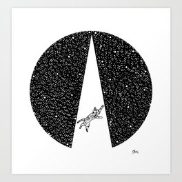 Abducted Art Print | Black And White, Stars, Pet, Universe, Ufo, Animal, Kitty, Galaxy, Kidnap, Alien 