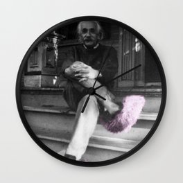 Satirical Einstein in Fuzzy Pink Slippers Classic E = mc² Black and White Satirical Photography  Wall Clock