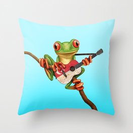 Tree Frog Playing Acoustic Guitar with Flag of Singapore Throw Pillow