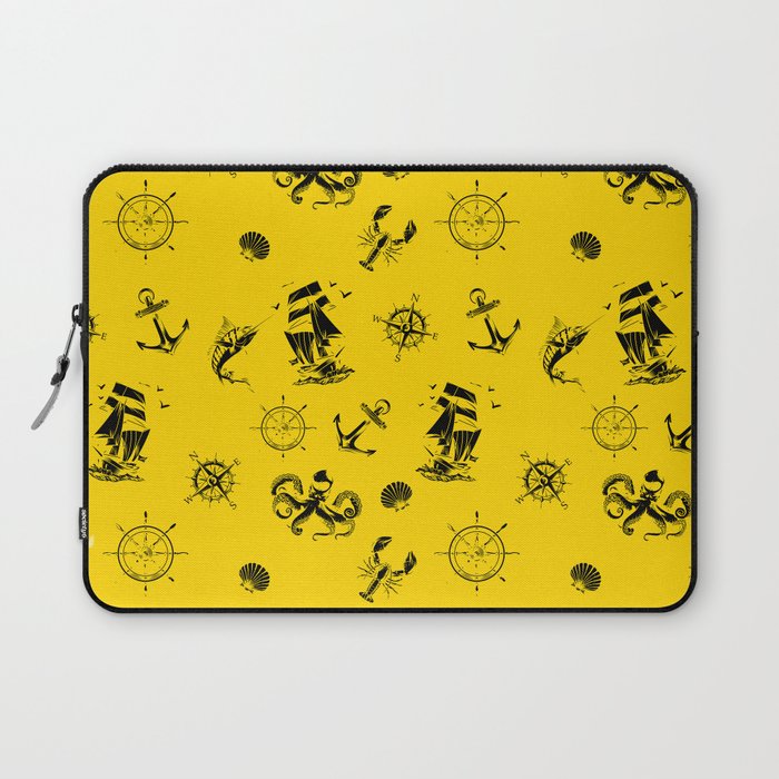 Yellow And Black Silhouettes Of Vintage Nautical Pattern Laptop Sleeve
